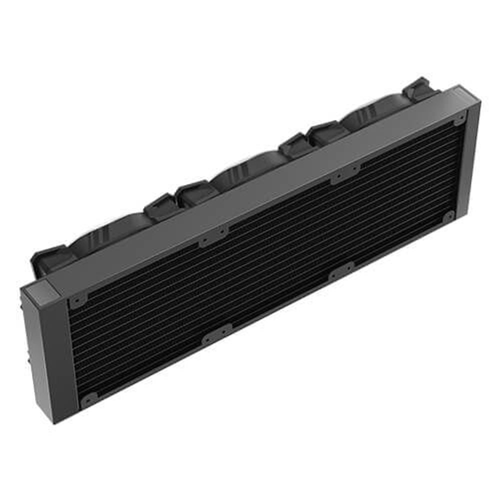 ARGB liquid cooler radiator with black fin stack and mounting frame