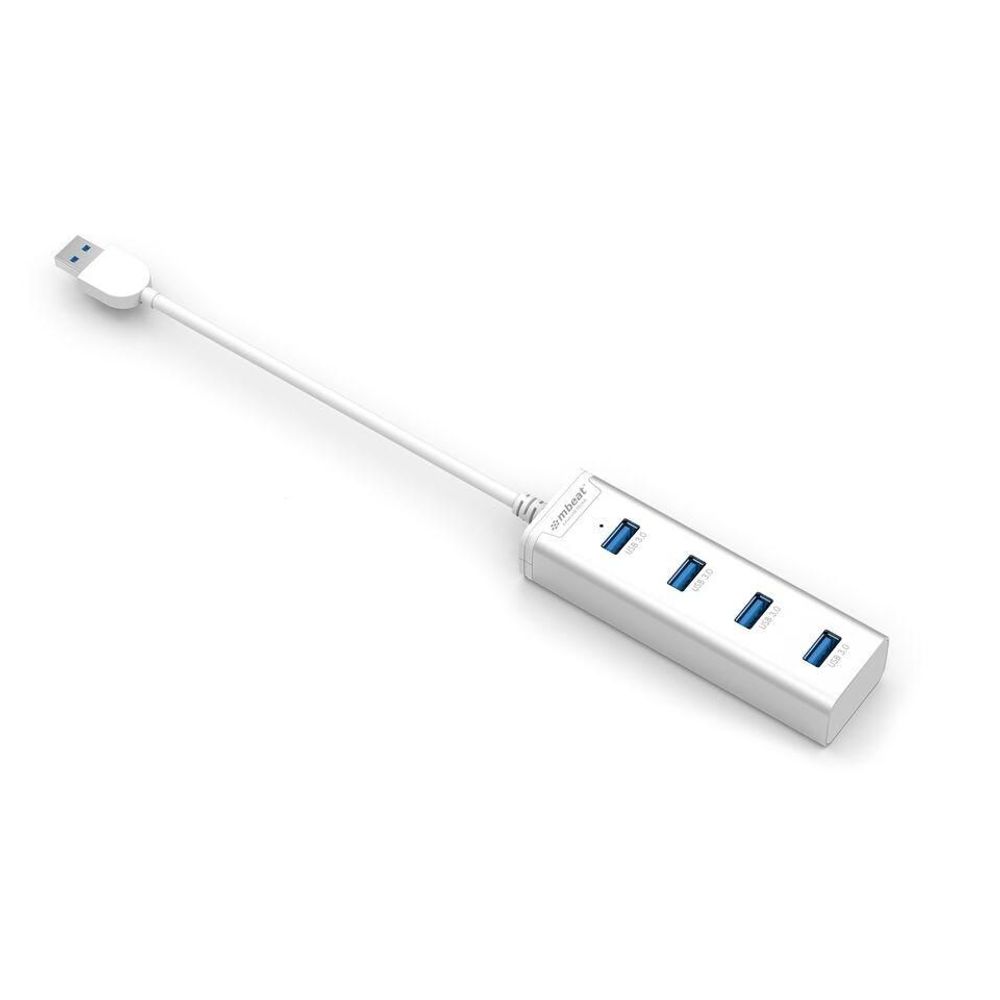 Aluminum 4-port USB 3.0 hub with blue ports and USB-A cable