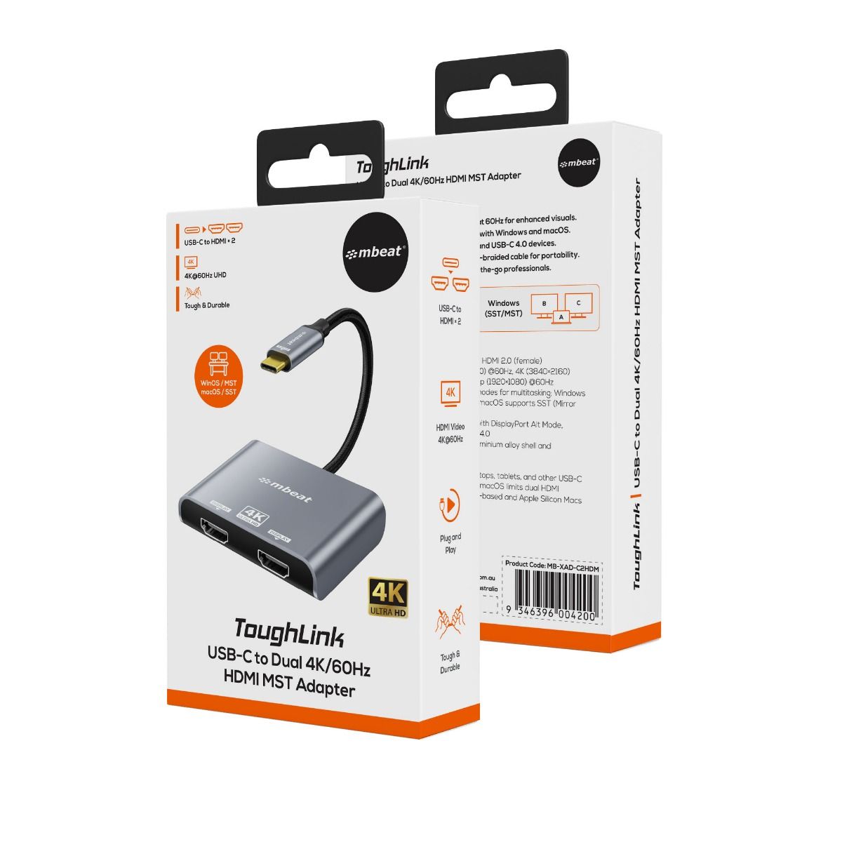 mbeat Tough Link USB-C to Dual 4K/60Hz HDMI MST Adapter - Space Grey