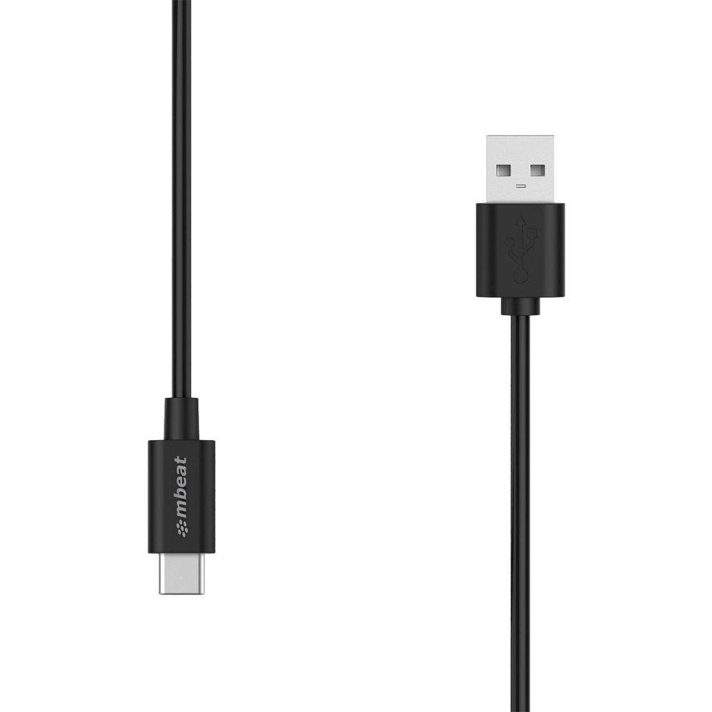 Black USB-C to USB-A charge and sync cable with metal USB plugs