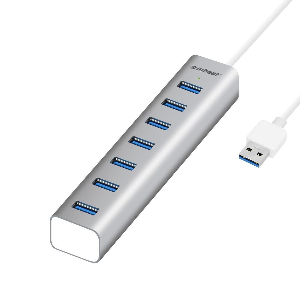 mbeat aluminum USB 3.0 slim hub with seven blue USB ports and power cable