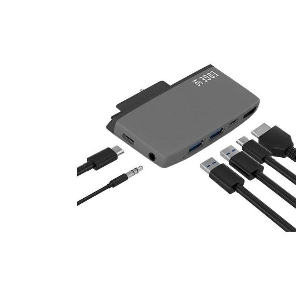 Grey multifunction USB-C hub with multiple ports and connected USB-C cable adapters