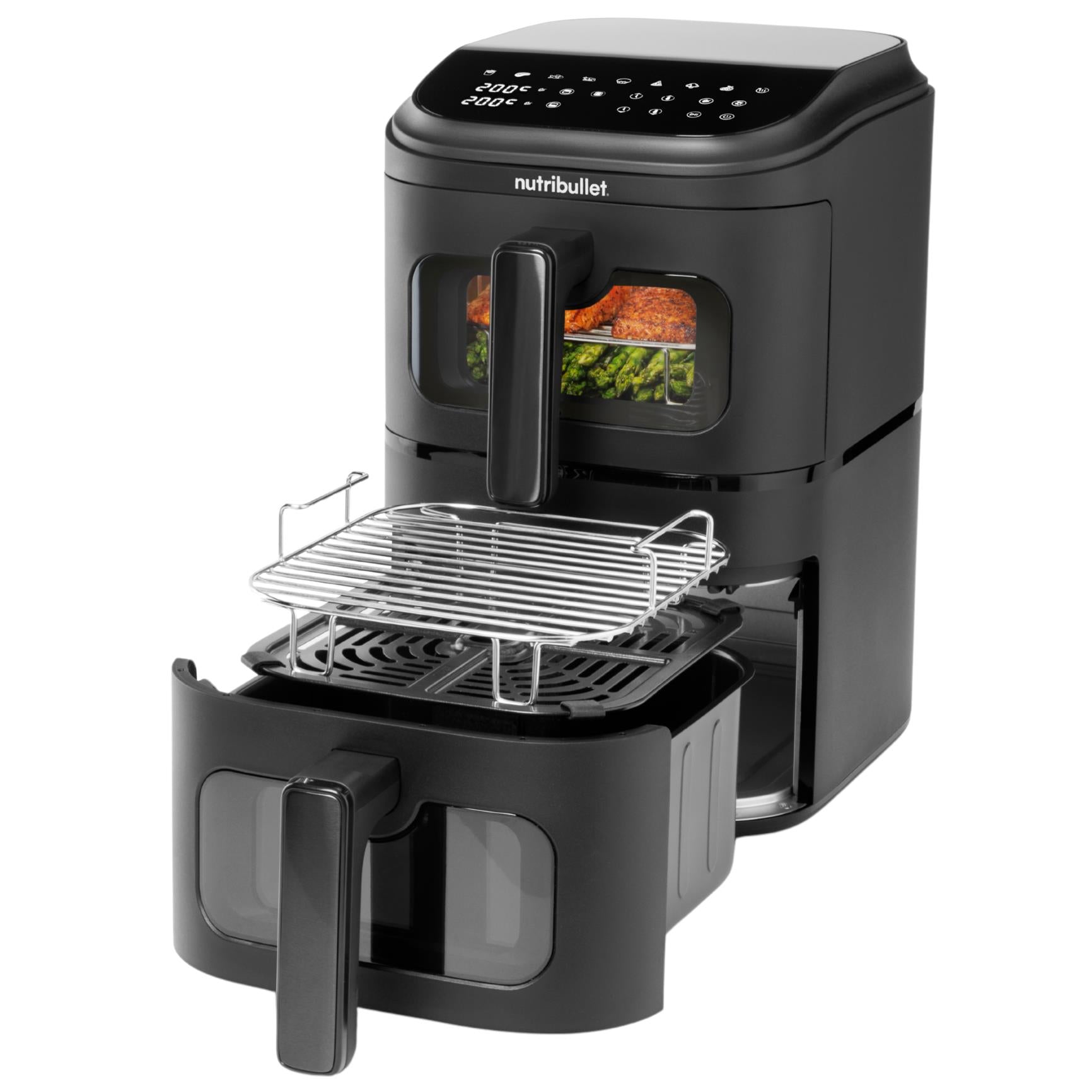 Black dual drawer air fryer with pull-out crisper basket and open loading drawer