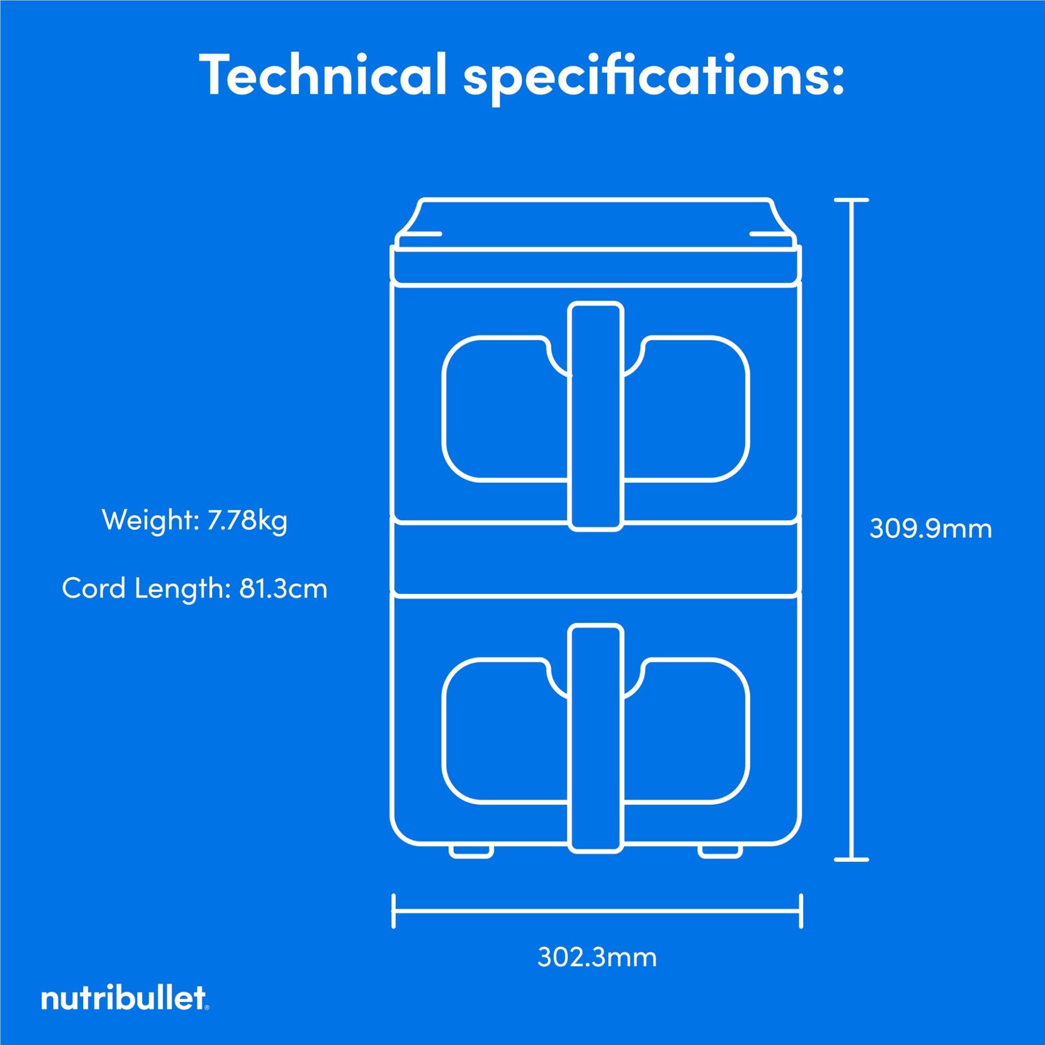 Air fryer dimensions diagram with weight and cord length details