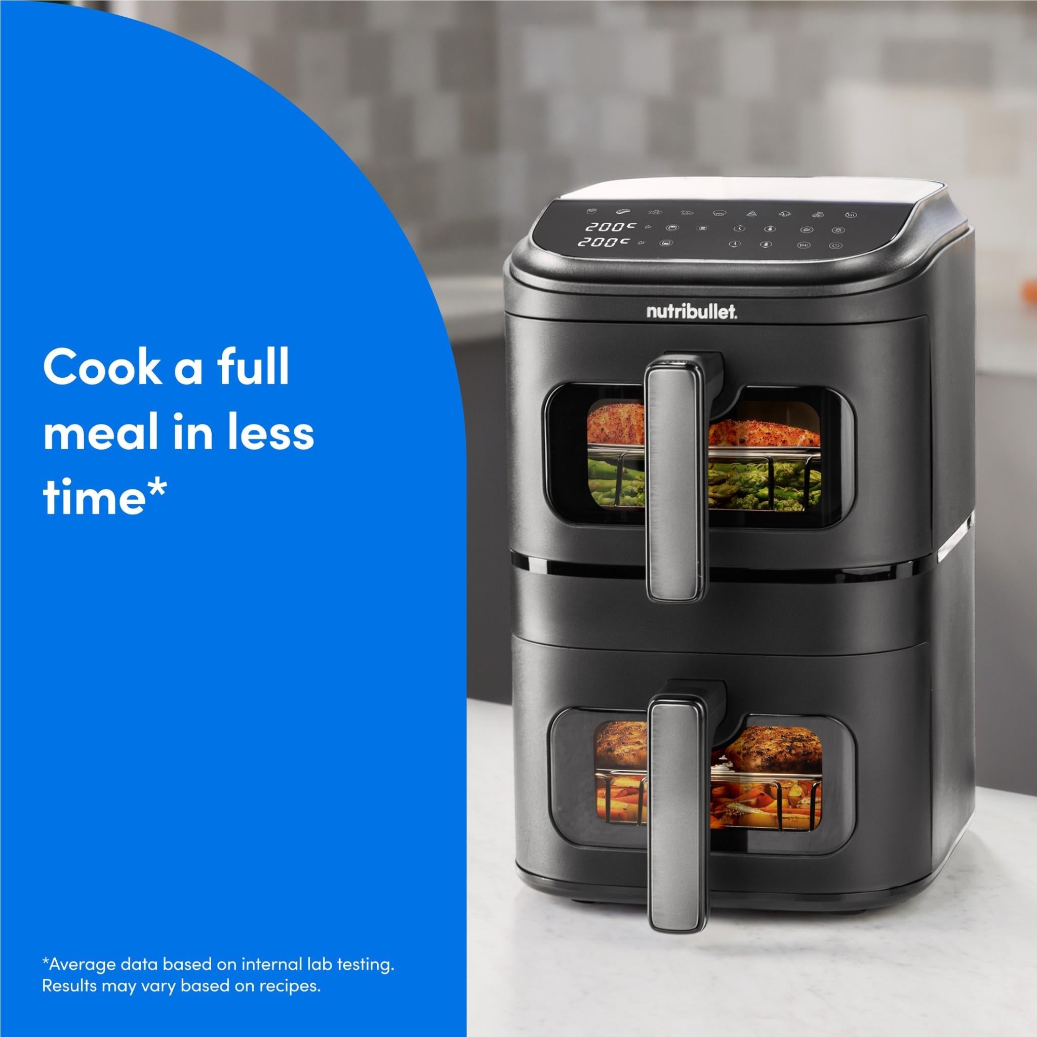 Black stacked dual-basket air fryer with two viewing windows and front handle