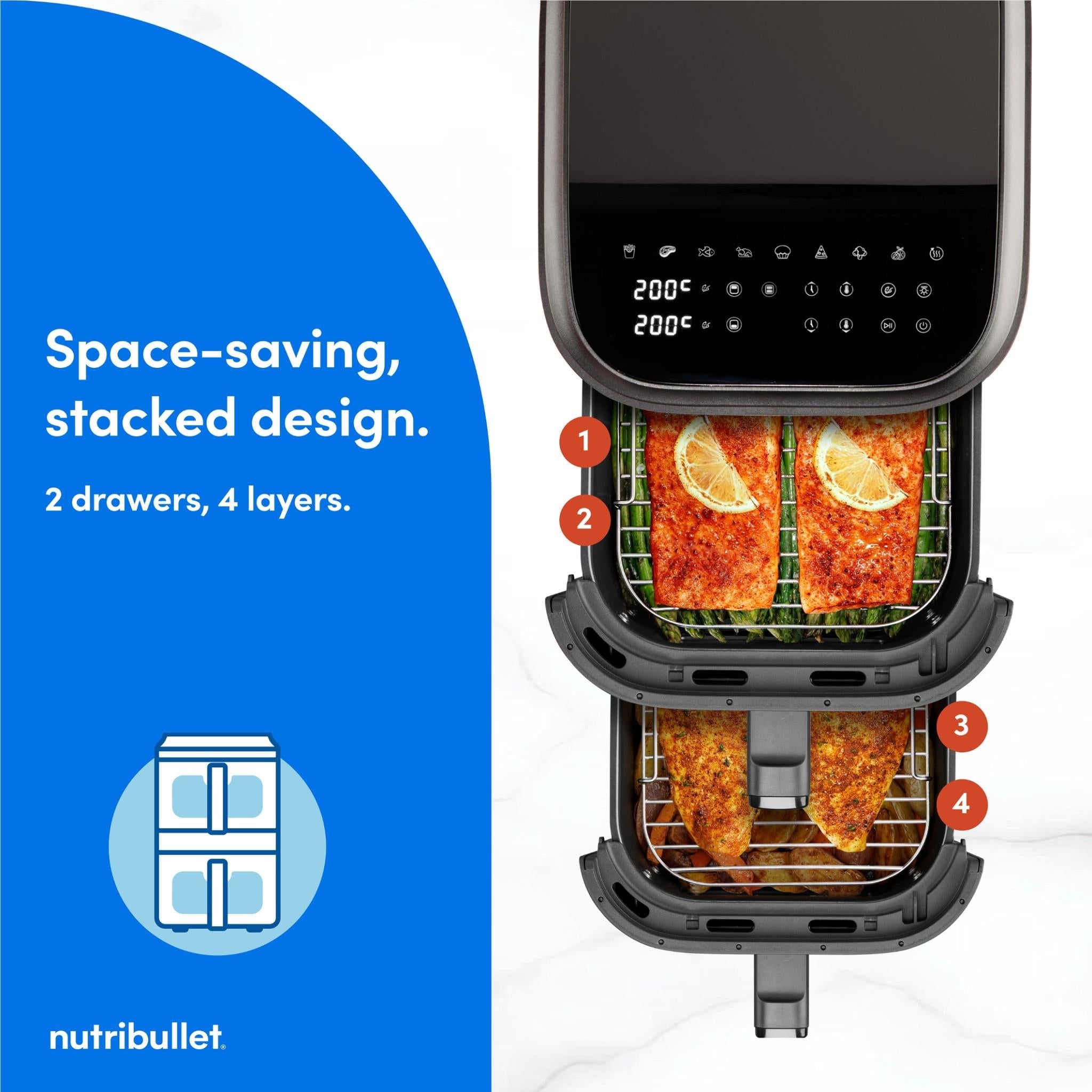 Open stacked dual-basket air fryer showing four cooking layers and two drawers