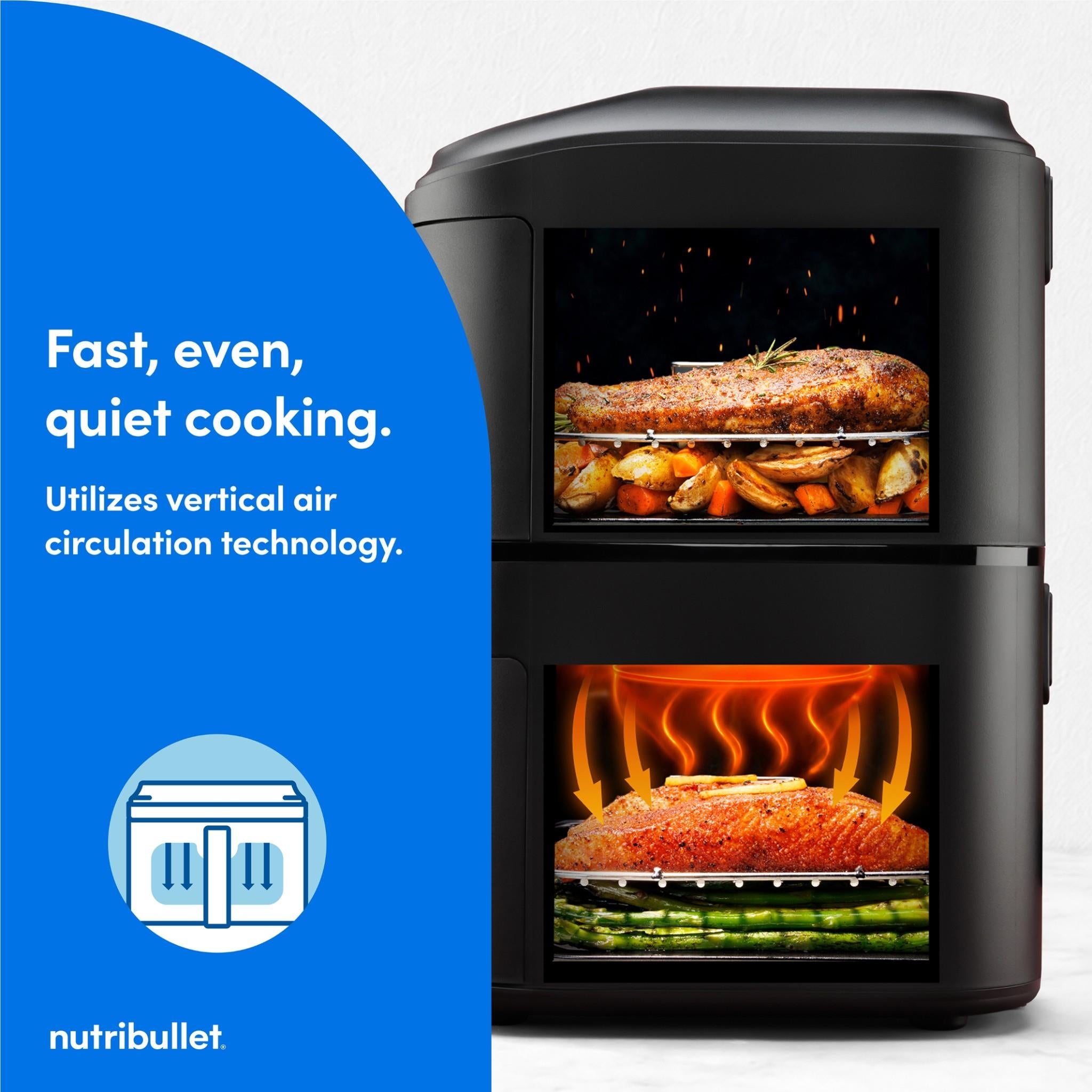 Black dual-basket air fryer with transparent window and cooking drawers pulled open