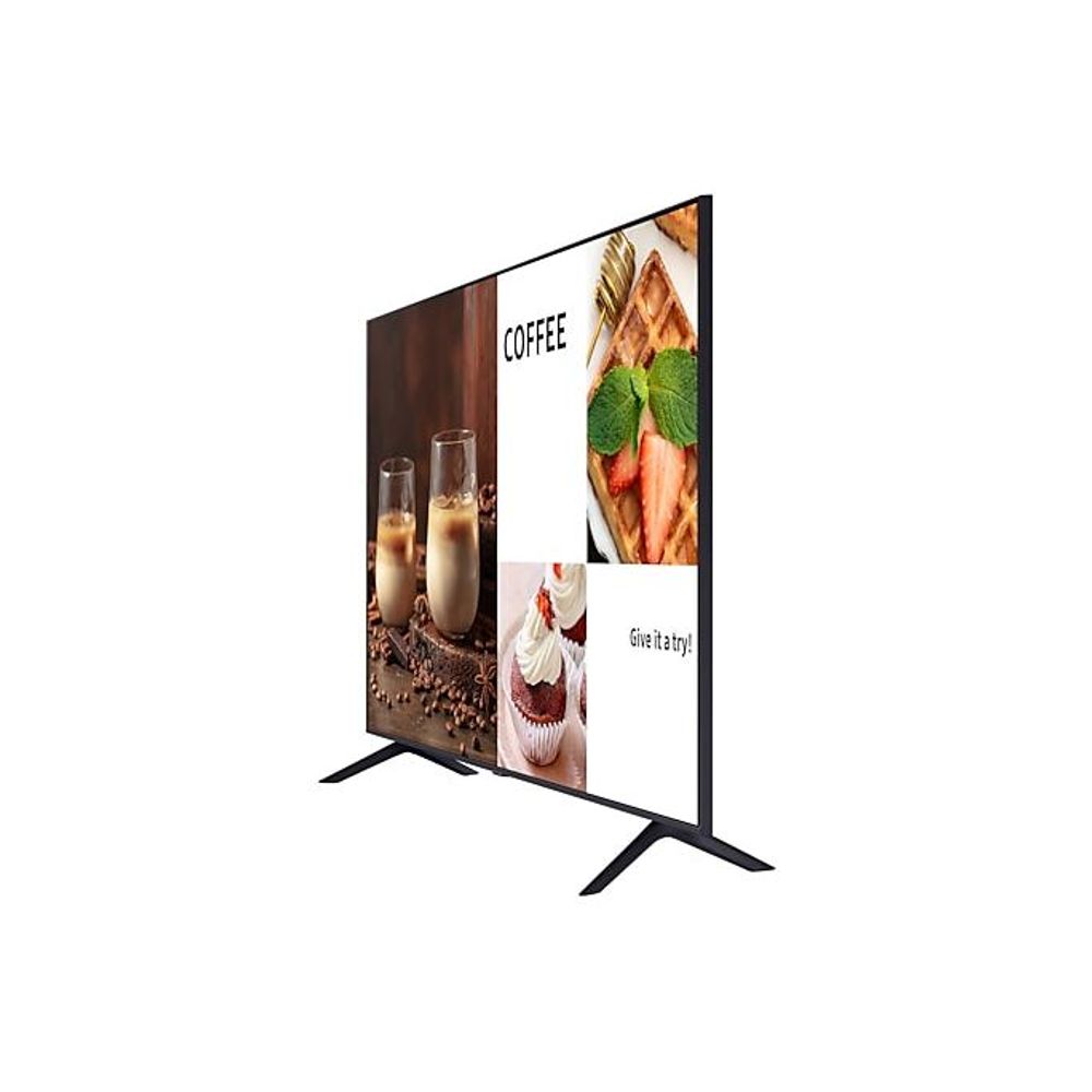55-inch digital signage display shown at an angle with coffee-themed screen content