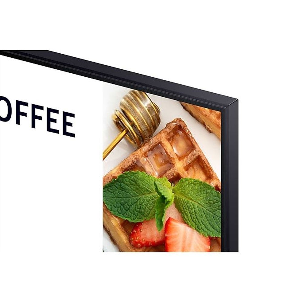 Close-up of a 55-inch digital signage display bezel with coffee image content