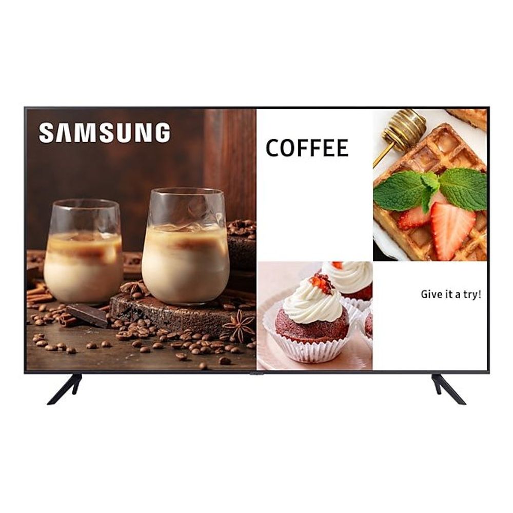 Samsung 55-inch digital signage display with coffee-themed screen content and stand feet