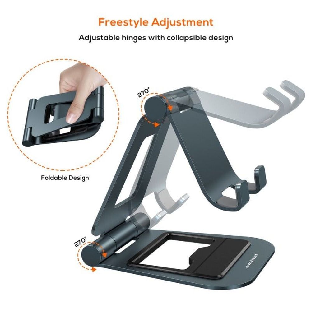 Space gray foldable stand with adjustable hinges and cradle platform for phones/tablets