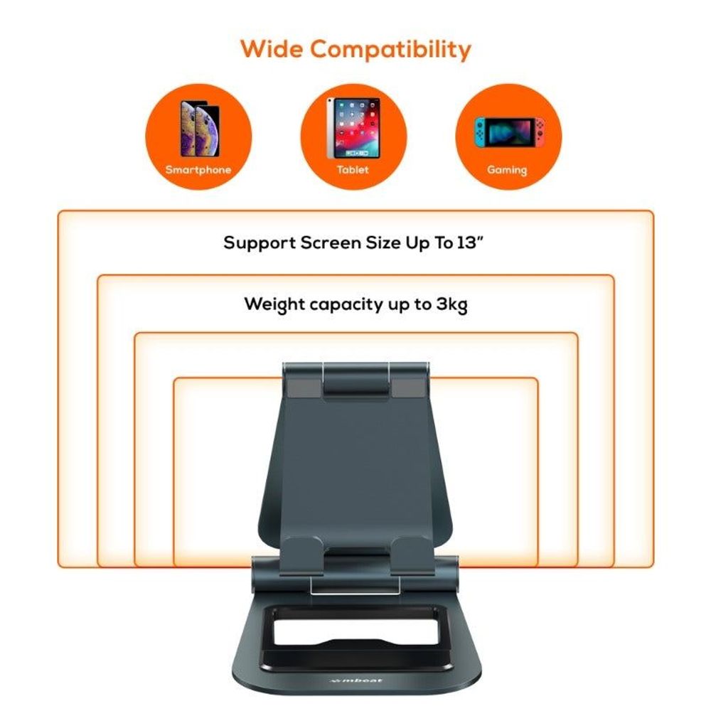 Space gray stand with upright support and wide cradle tray
