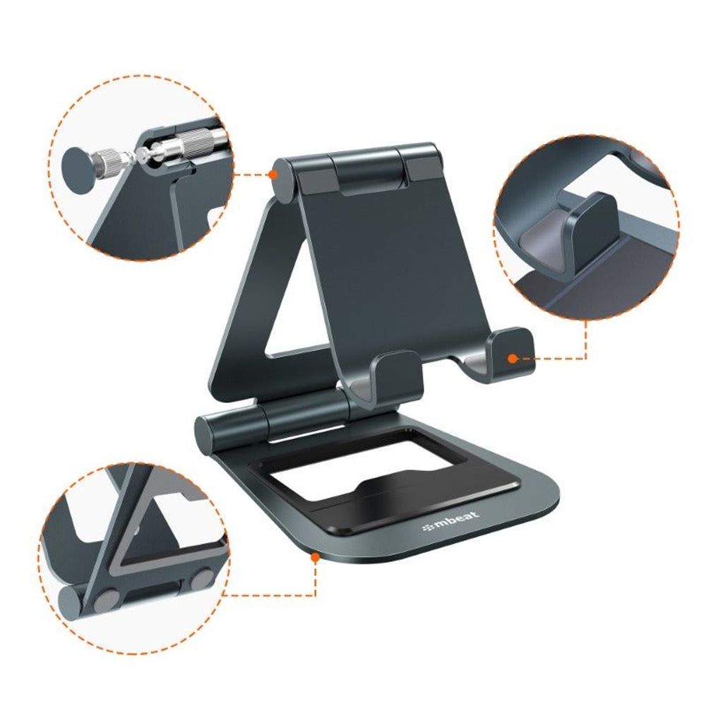 Space gray foldable phone/tablet stand with reinforced hinge arms and cradle base