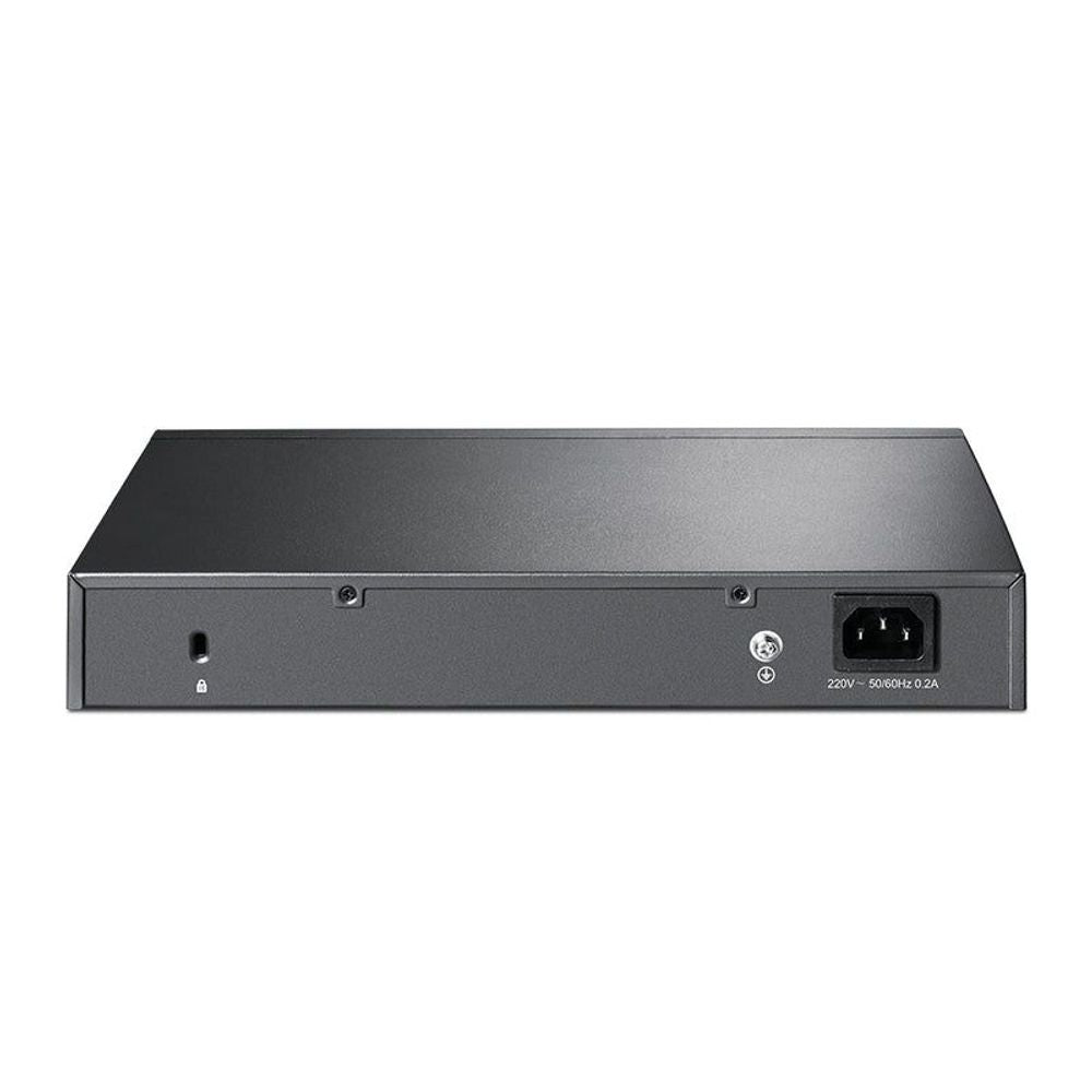 TP-Link gigabit L2 managed switch rear panel with power inlet and reset pinhole