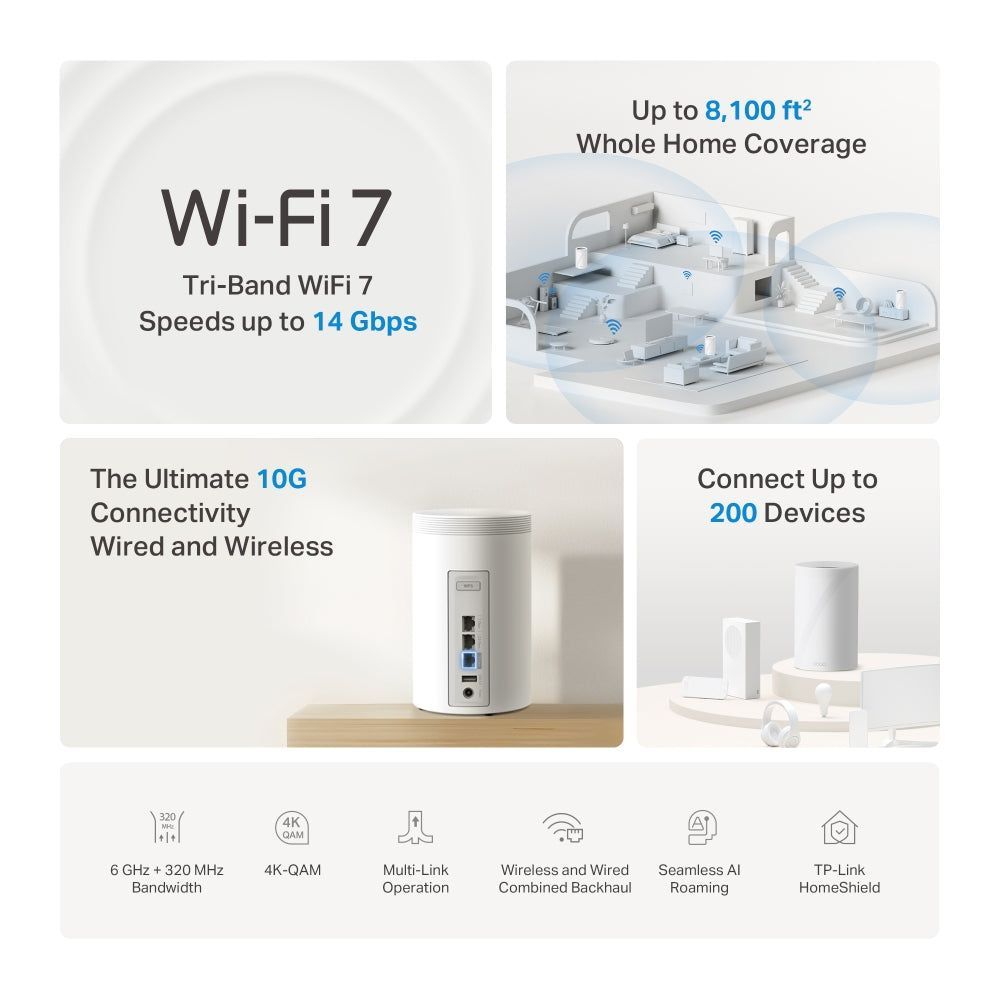 TP-Link Deco BE68 BE14000 Tri-Band Whole Home Mesh Wi-Fi 7 System - 2 Pack