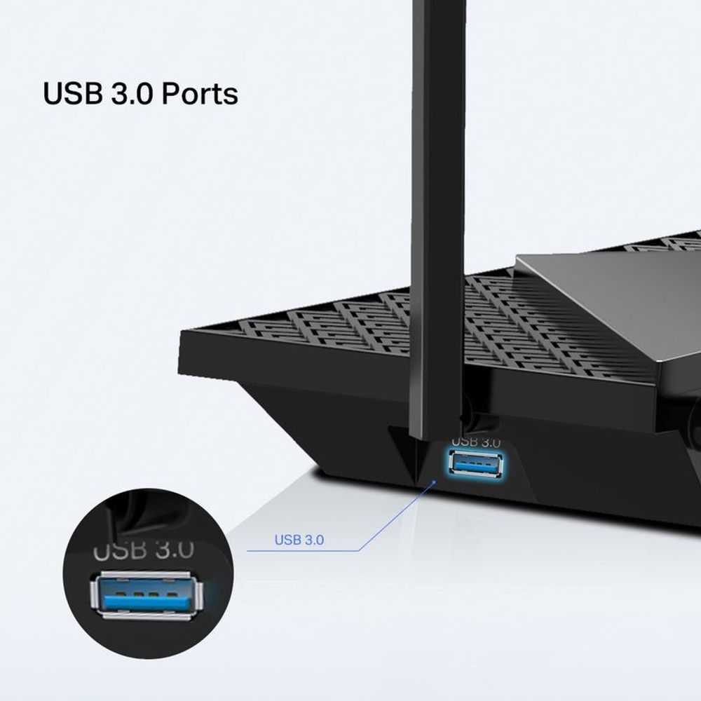 Black router with USB 3.0 port detail on side panel, close-up