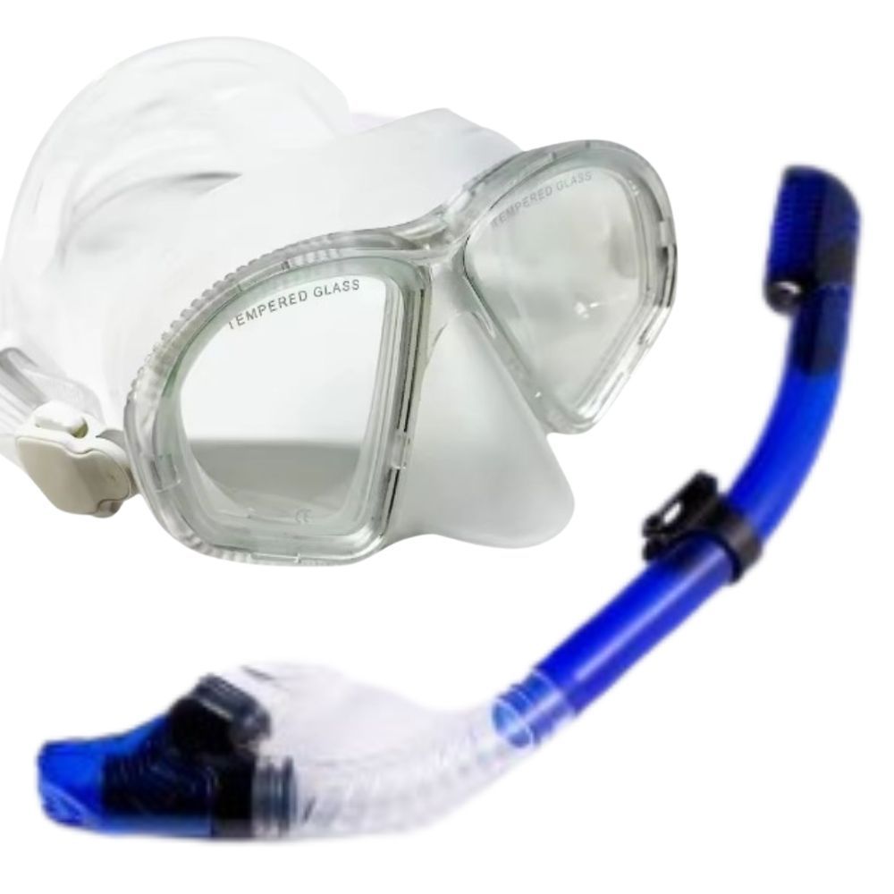Adult snorkel and dive set with clear tempered-glass mask and blue snorkel tube