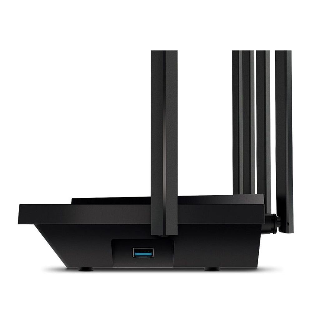 Black Wi-Fi 6 router with multiple antennas and a blue USB port