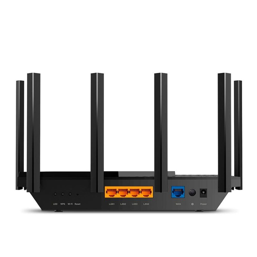 Black router rear panel with port LEDs and multiple antennas