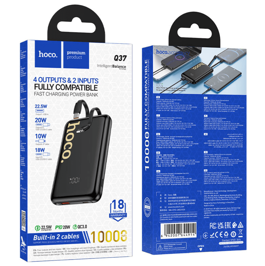 Q37 Graceful Fast Charging Power Bank 10000mAh with Built-In Cables