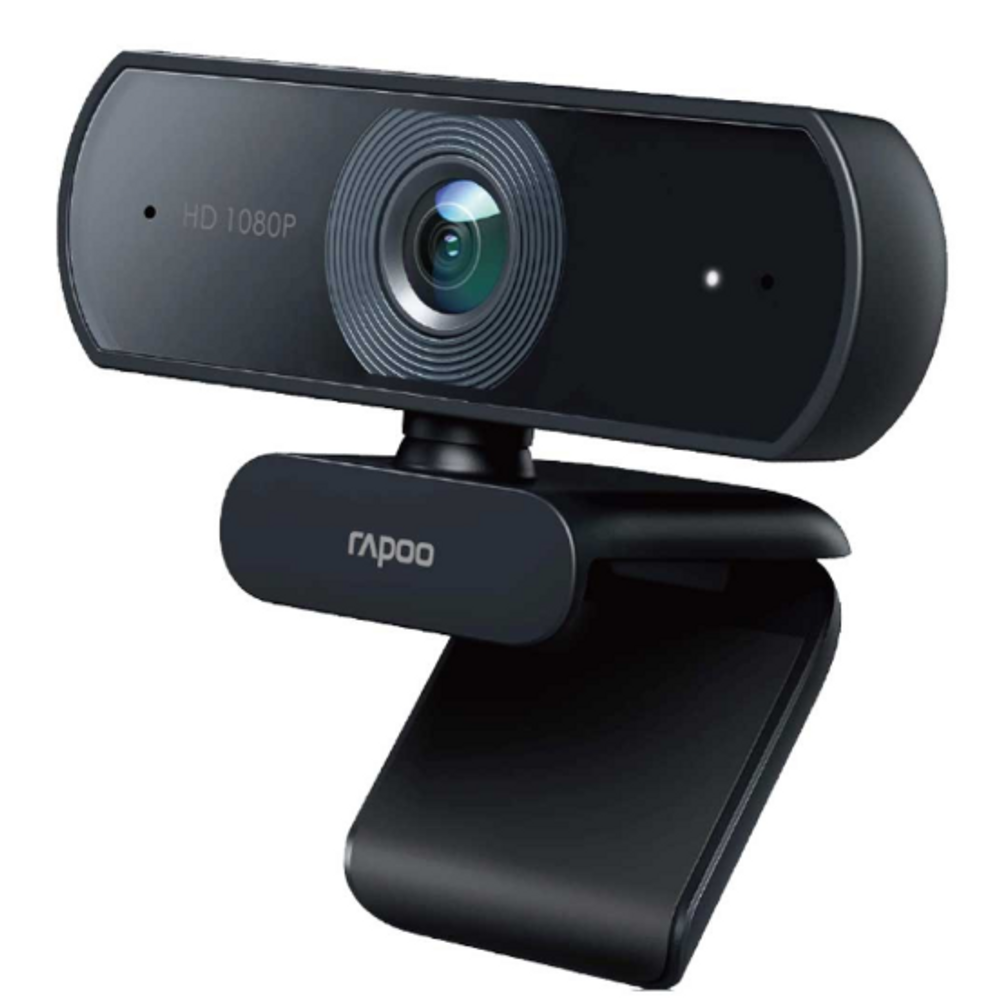 Rapoo USB webcam in black with wide-angle lens and built-in microphone ports