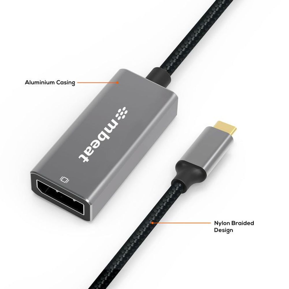Aluminum grey DisplayPort adapter with black braided cable and gold USB-C end