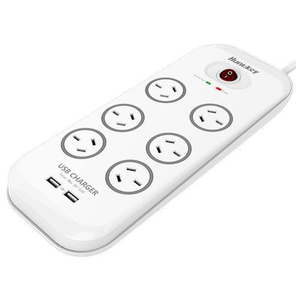 Huntkey SAC607 6 Outlet Surge Protected Powerboard with Two powered USB ports (2.4 AMP Combined) Default Title