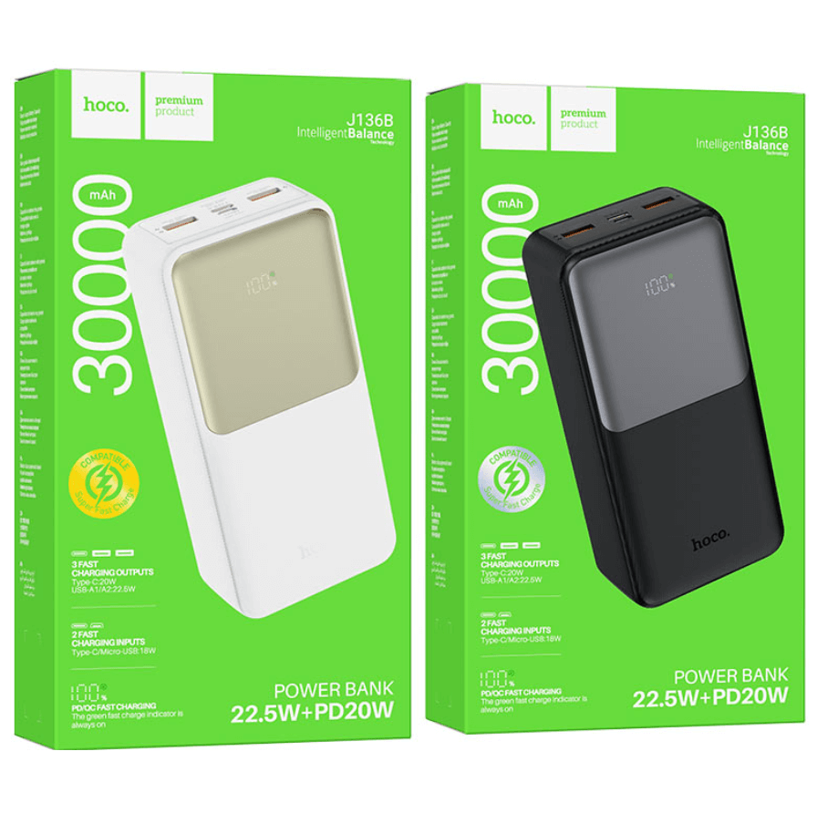 J136B 30000mAh Fast Charging Power Bank – 20W PD, Dual USB-A, Type-C Input/Output