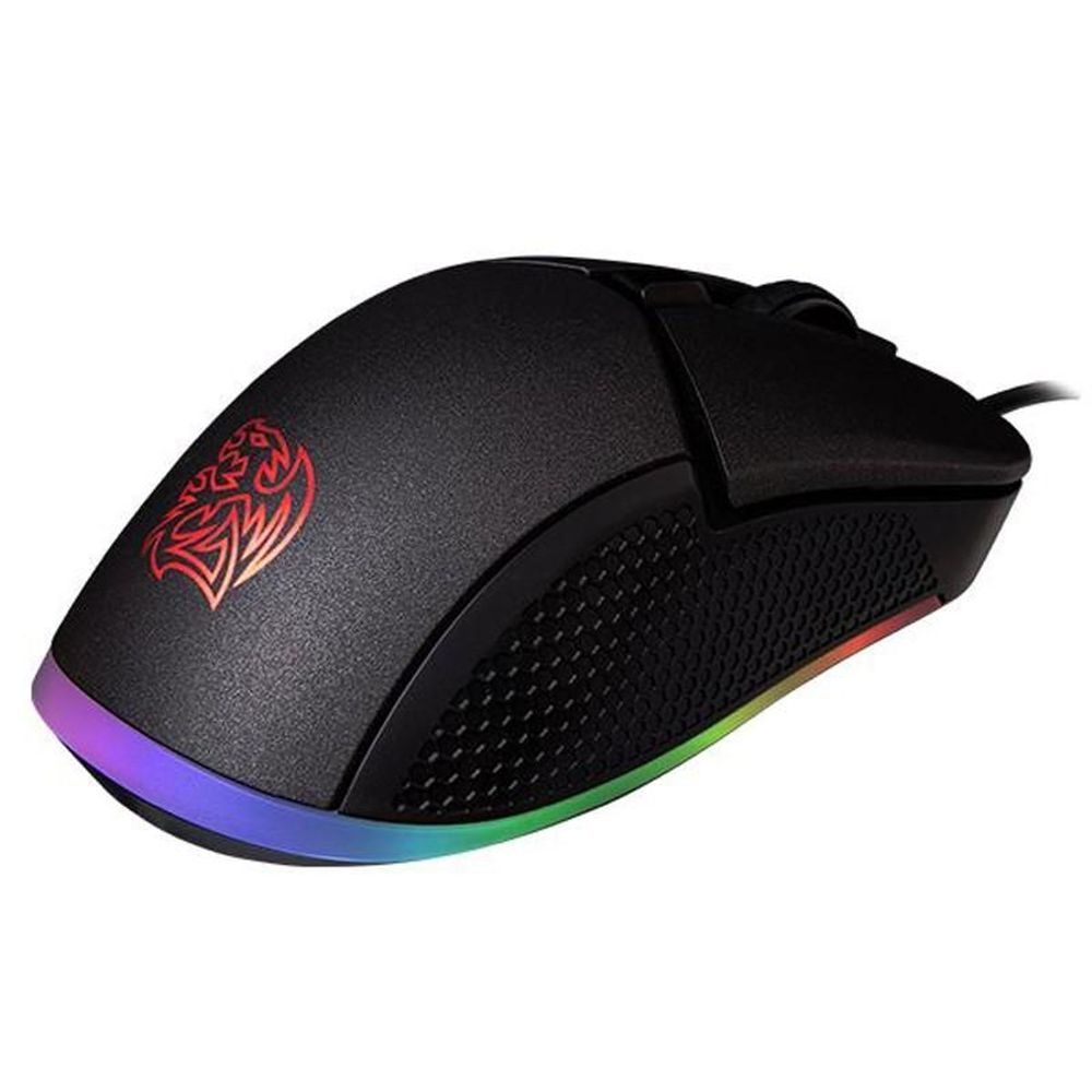 Black gaming mouse with red emblem on top and purple RGB lighting around base