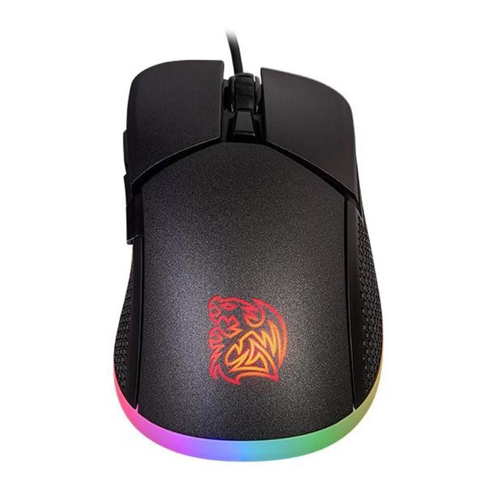 Black gaming mouse front view with red emblem and multicolor RGB strip