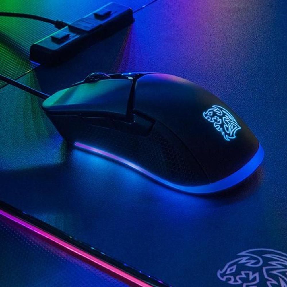 Black gaming mouse with side texture and bright RGB lighting along scroll area