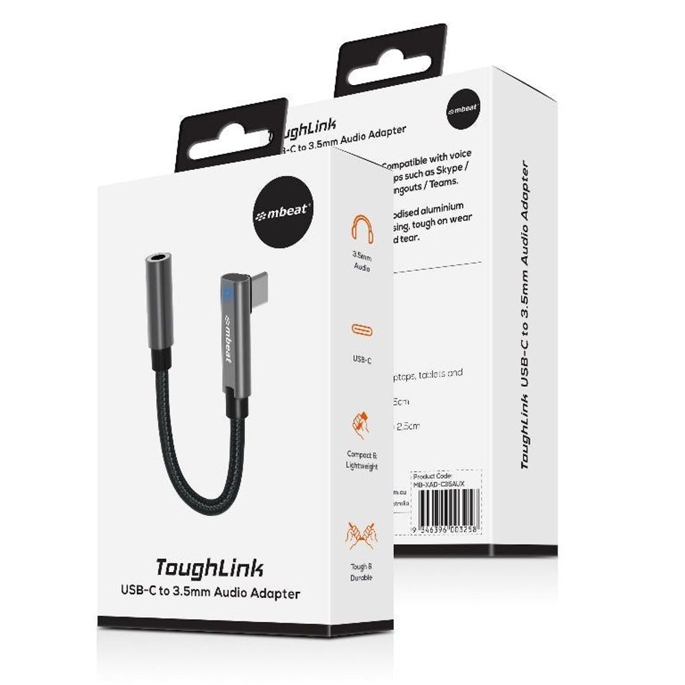 Space grey USB-C to 3.5mm audio adapter product box with included cable