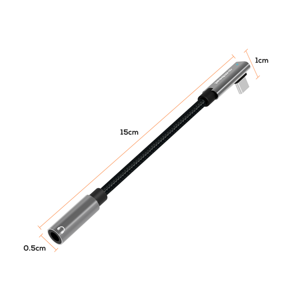 Space grey USB-C to 3.5mm audio adapter cable size and connector measurements diagram