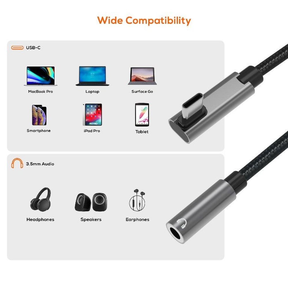 USB-C to 3.5mm audio adapter showing wide compatibility with devices and audio outputs