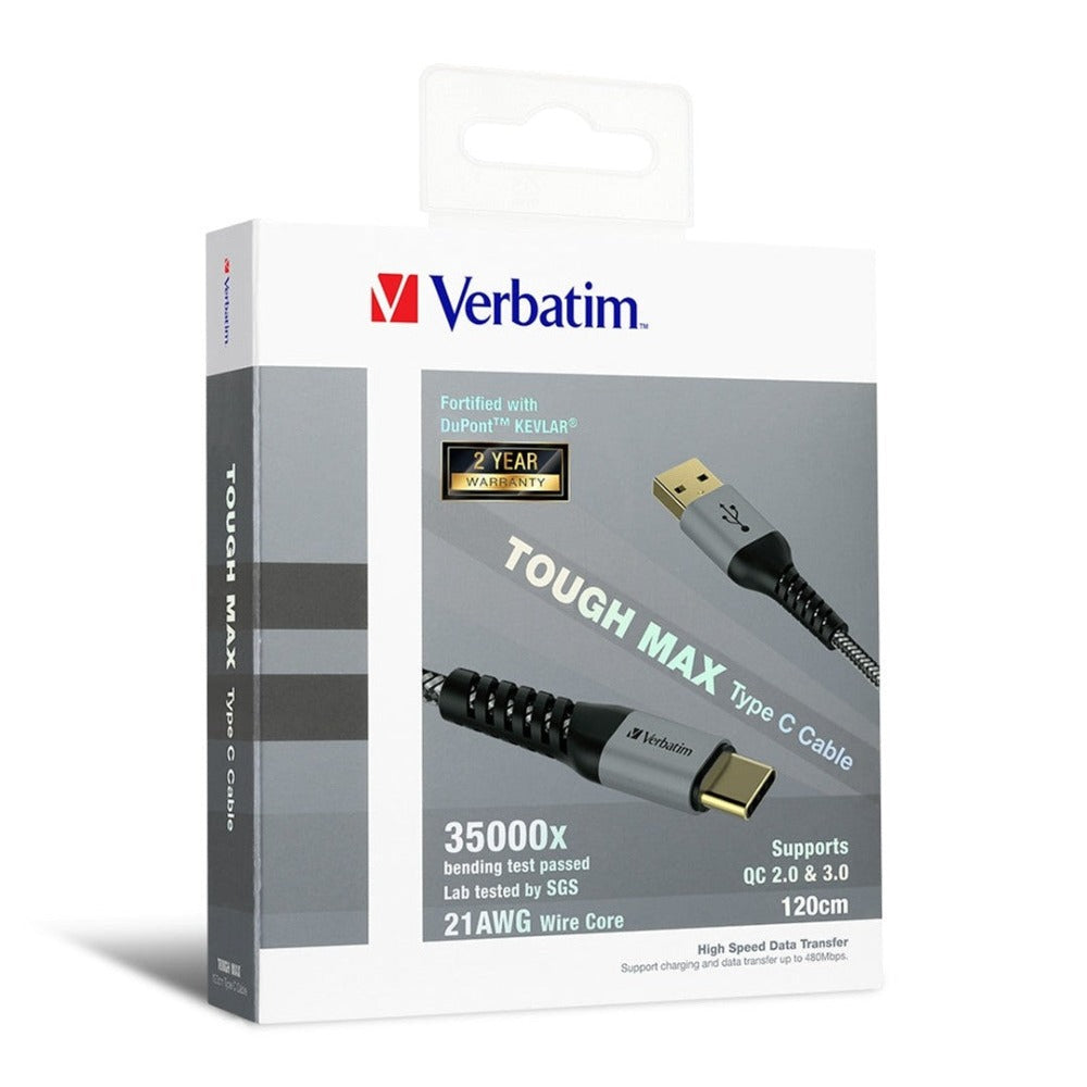 verbatim sync & charge usb type-c to type a tough max cable 120cm grey tech supply shed\