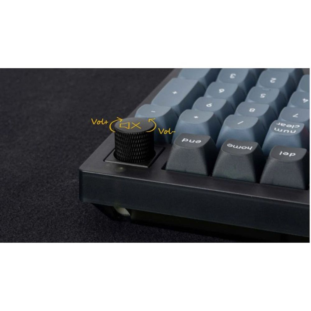 Mechanical keyboard volume knob and dark keycaps on frosted frame