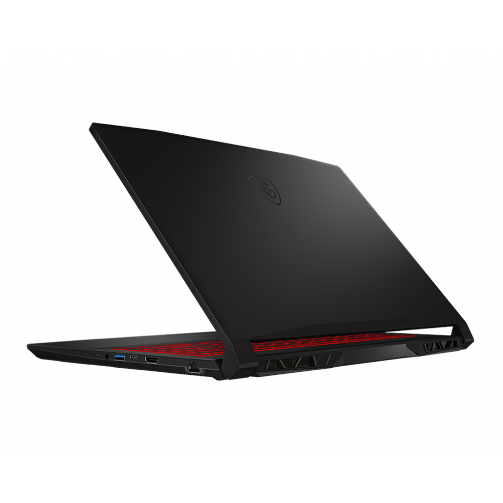 Black gaming laptop closed, side vents and red light strip visible