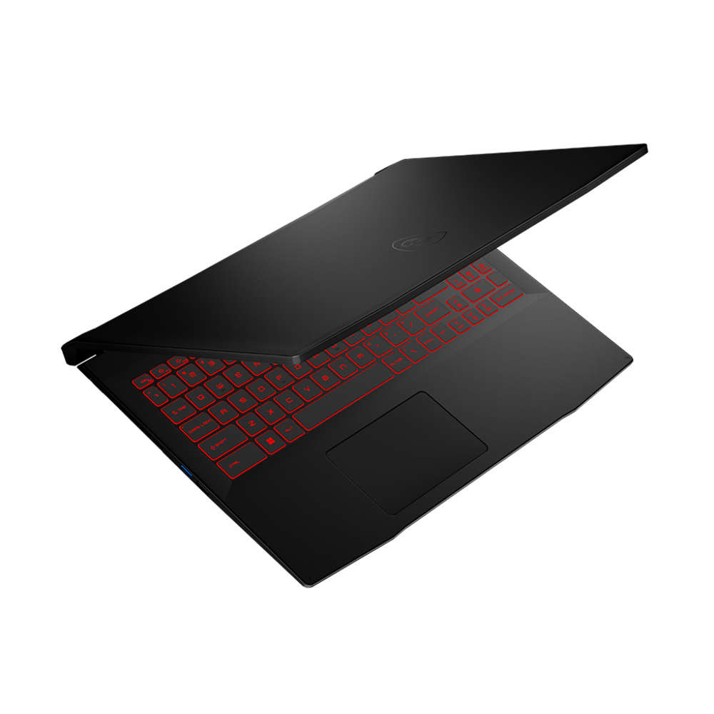 Black gaming laptop angled view with red backlit keys and touchpad