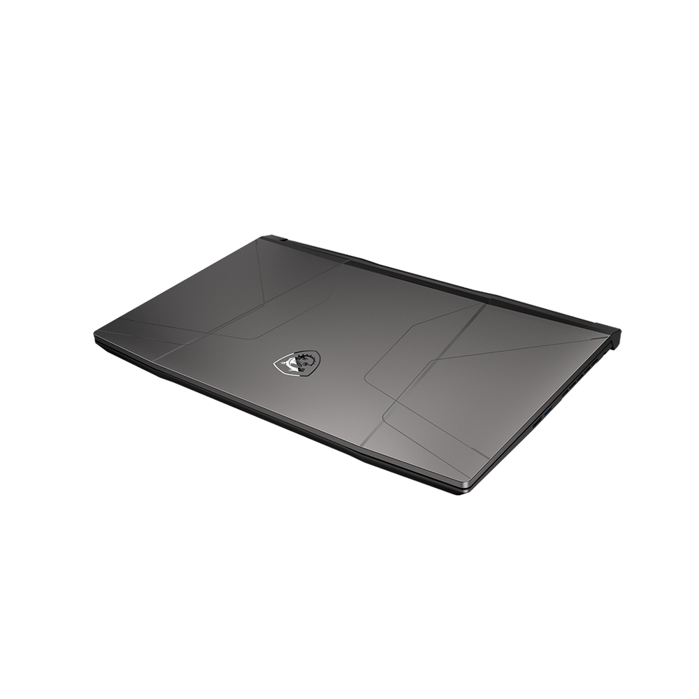 Gaming notebook top lid, dark gray with central shield logo, closed.