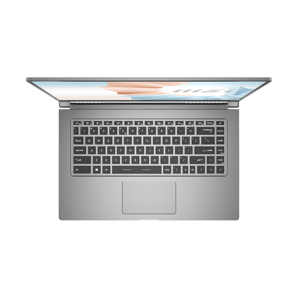MSI Modern 15 laptop keyboard and touchpad, dark gray deck with display open