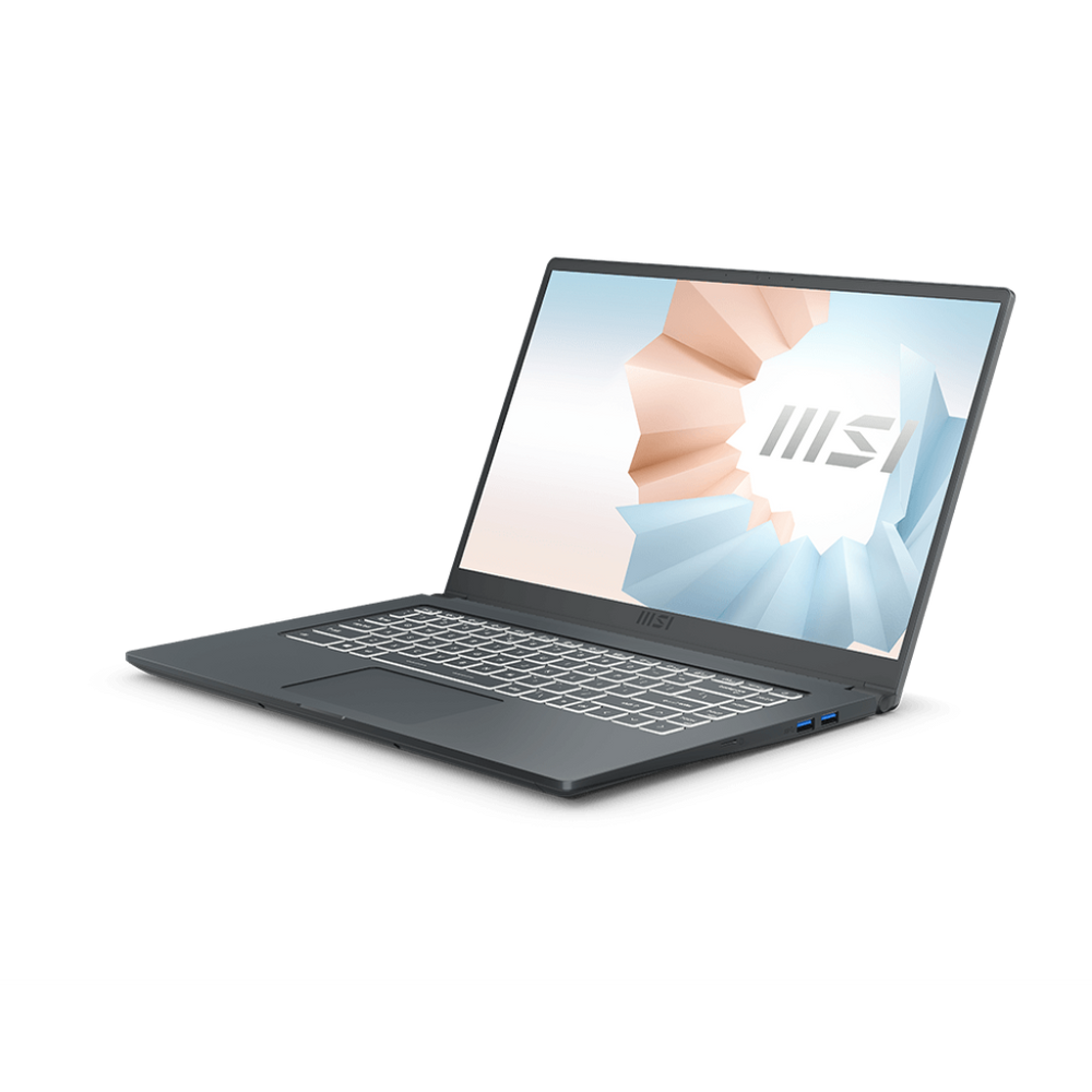 MSI Modern 15 laptop open front angle, grid keyboard and on-screen display