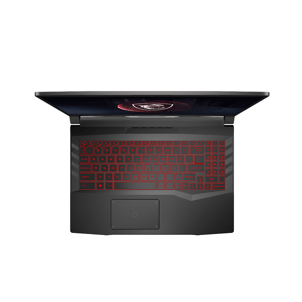 Gaming notebook front view, black chassis with bright red backlit keyboard.