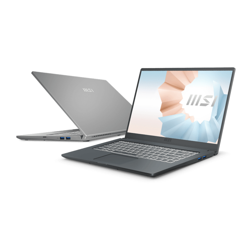 MSI Modern 15 laptop shown open, dark gray back and on display keyboard