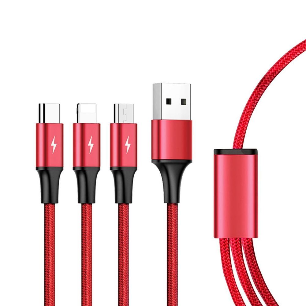 UNITEK_1.2m_USB_3-in-1_Charge_Cable._Integrated_USB-A_to_Micro-B,_Lightning_Connector_&_USB-C_Connector._Red_Colour. 381