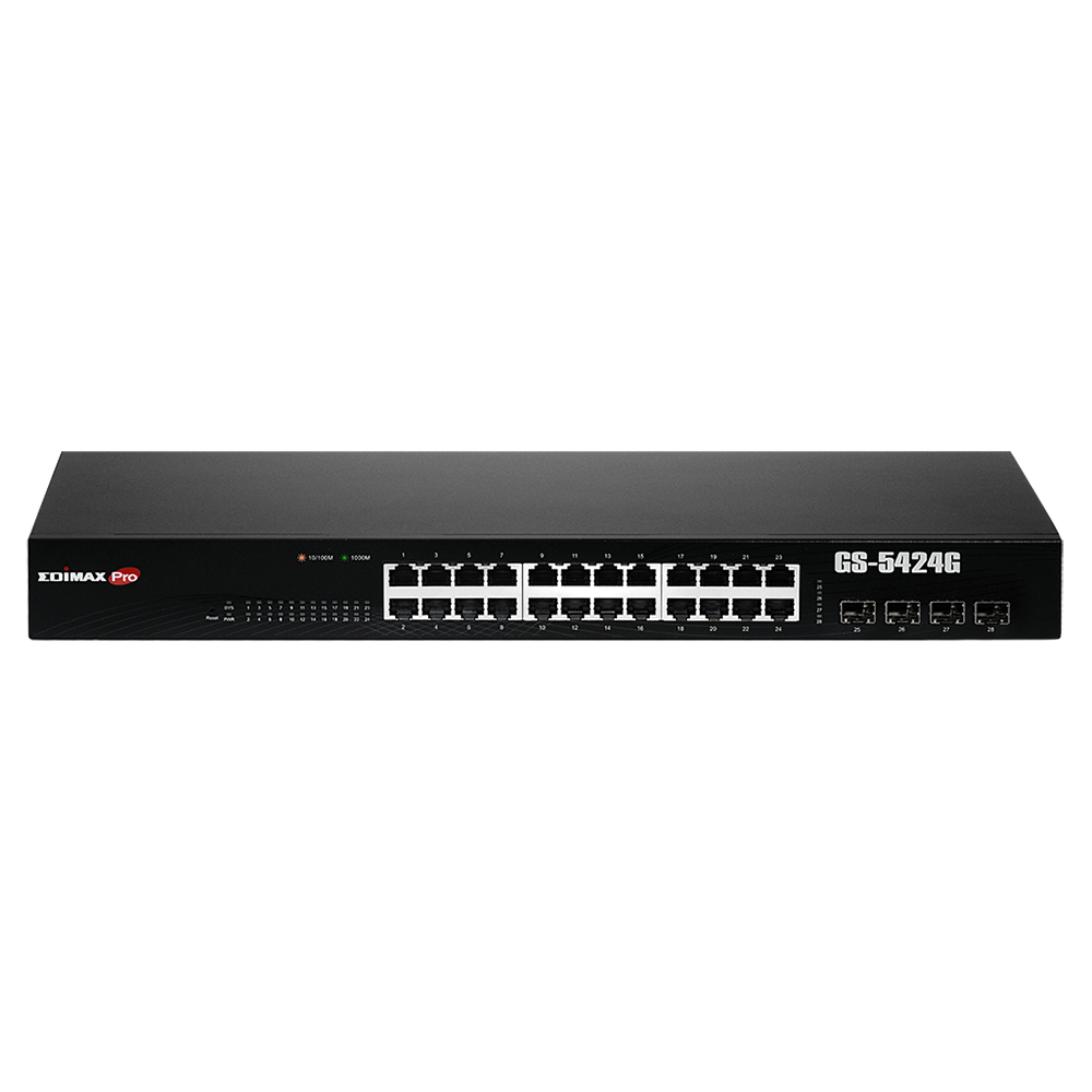 edimax 24 port gigabit long range web smart rack-mount switch. with 4 sfp. extended data delivery distance of up to 200m. voice vlan. dhcp snooping. array architecture.  tech supply shed