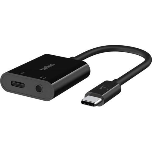 NPA004BTBK - Belkin 3.5mm Audio + USB-C Charge Adapter - Mini-phone/USB-C Audio/Data Transfer Cable - First End: 1 x USB Type C - Male - Second End: 1 x USB Type C - Female, 1 x Mini-phone Audio - Female - Black