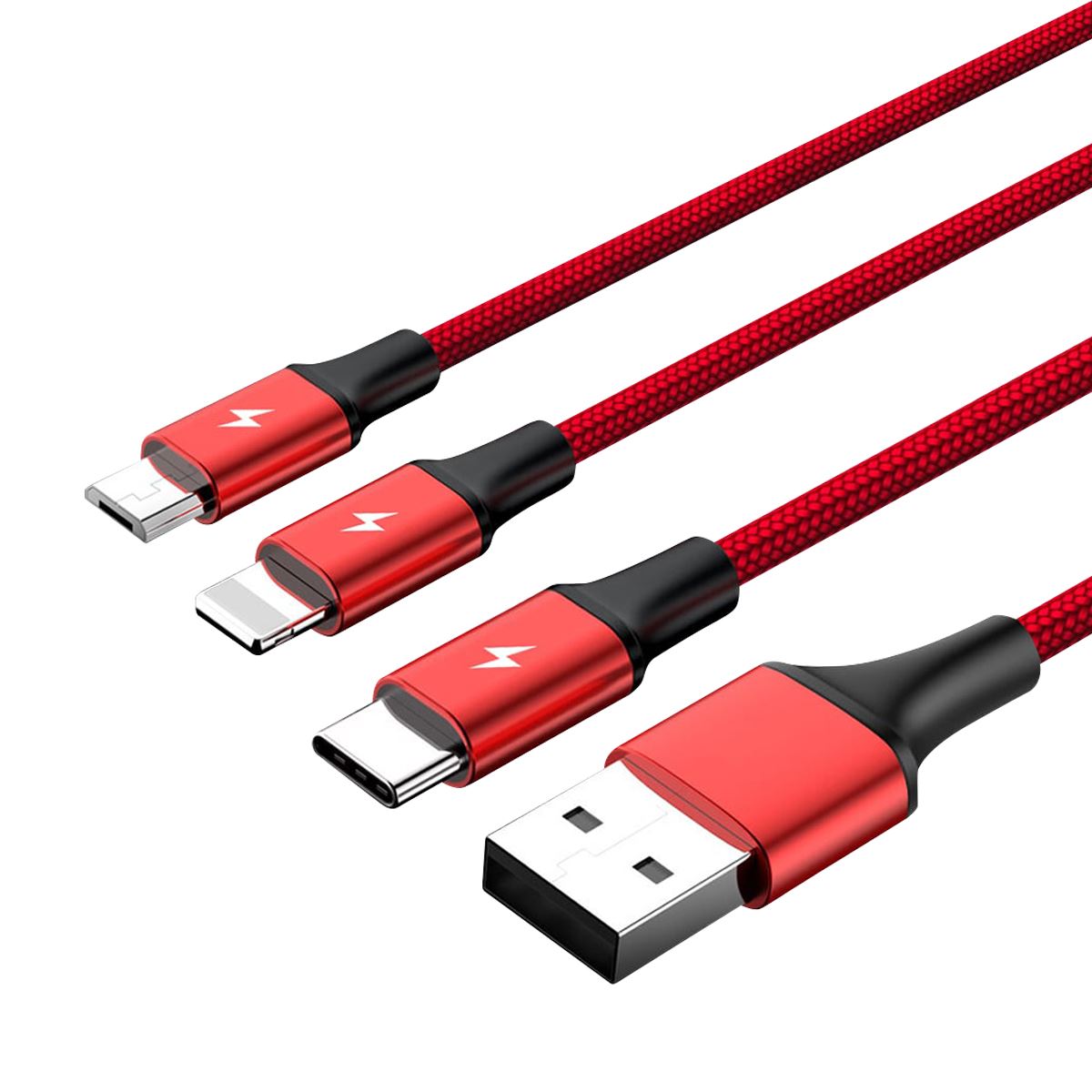 UNITEK_1.2m_USB_3-in-1_Charge_Cable._Integrated_USB-A_to_Micro-B,_Lightning_Connector_&_USB-C_Connector._Red_Colour. 380