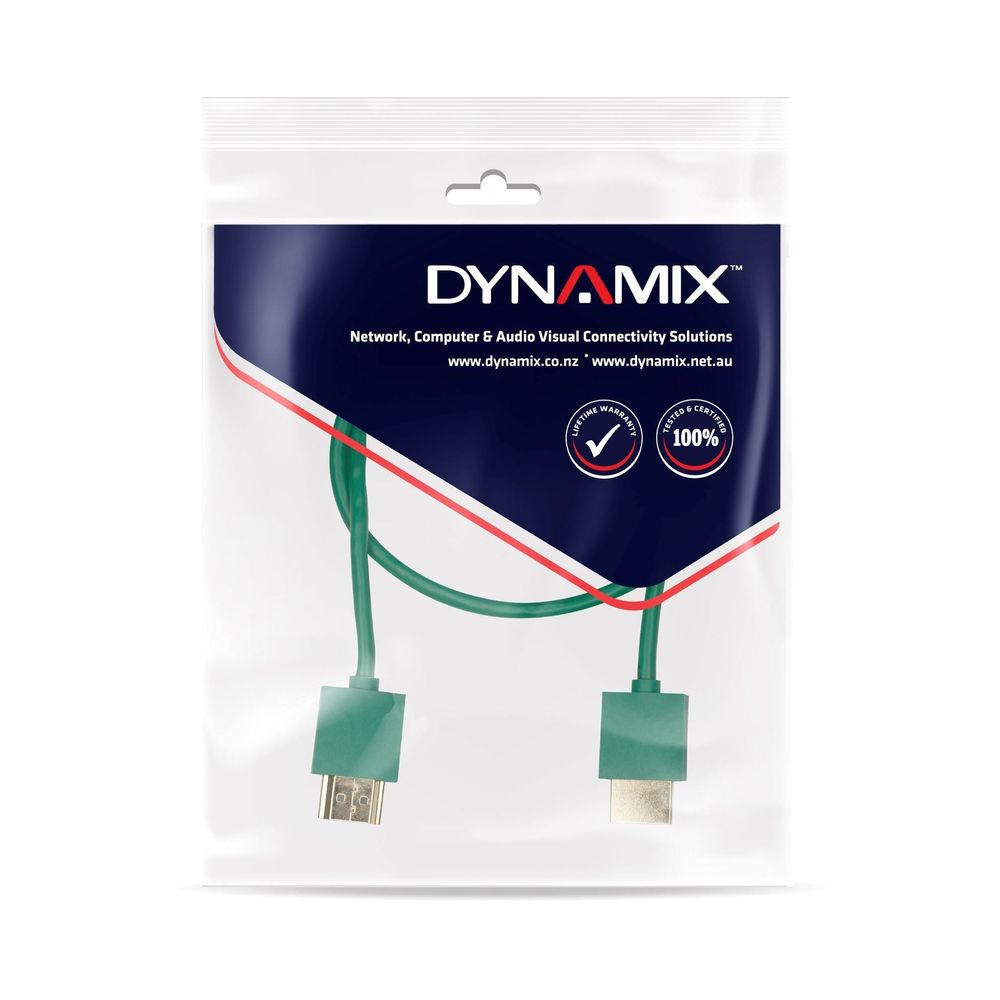 DYNAMIX_0.5M_HDMI_GREEN_Nano_High_Speed_With_Ethernet_Cable._Designed_for_UHD_Display_up_to_4K2K@60Hz._Slimline_Robust_Cable._Supports_CEC_2.0,_3D,_&_ARC._Supports_Up_to_32_Audio_Channels. 753
