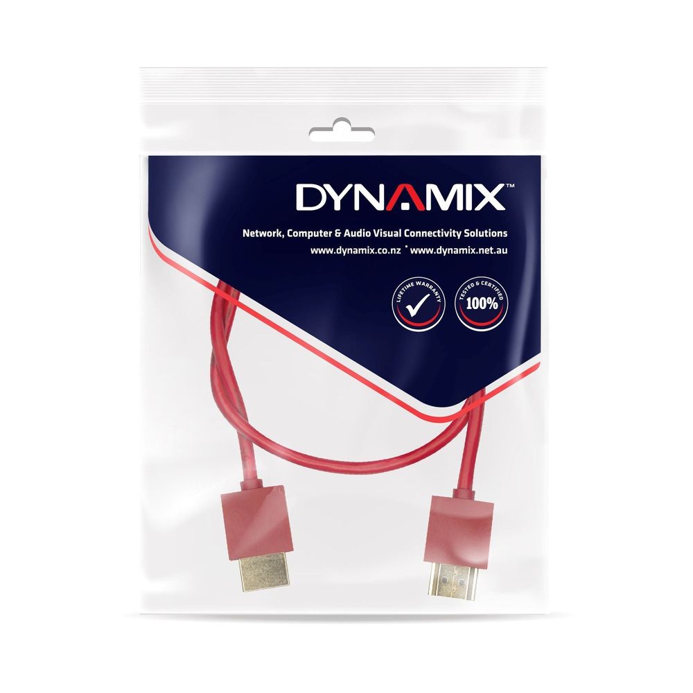 DYNAMIX_0.5M_HDMI_RED_Nano_High_Speed_With_Ethernet_Cable._Designed_for_UHD_Display_up_to_4K2K@60Hz._Slimline_Robust_Cable._Supports_CEC_2.0,_3D,_&_ARC._Supports_Up_to_32_Audio_Channels. 768
