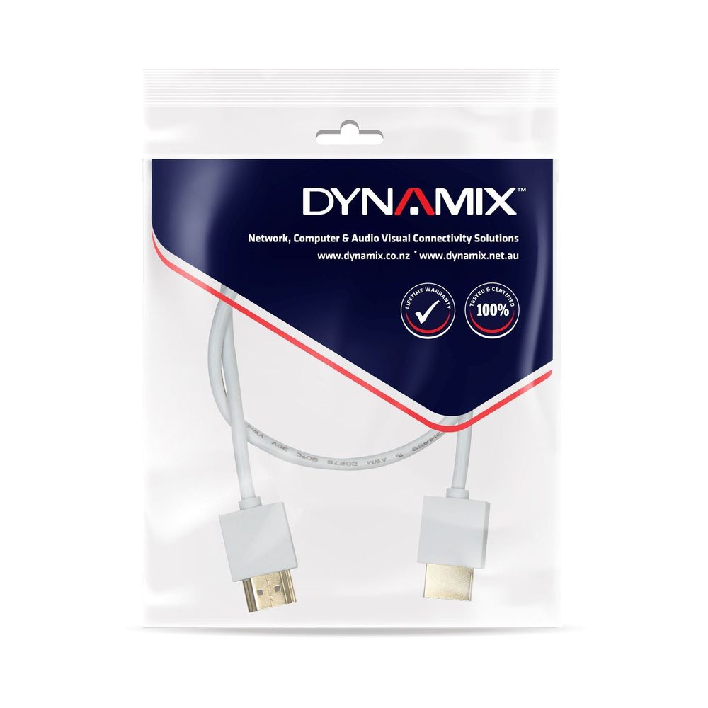 DYNAMIX_0.5M_HDMI_WHITE_Nano_High_Speed_With_Ethernet_Cable._Designed_for_UHD_Display_up_to_4K2K@60Hz._Slimline_Robust_Cable._Supports_CEC_2.0,_3D,_&_ARC._Supports_Up_to_32_Audio_Channels. 783